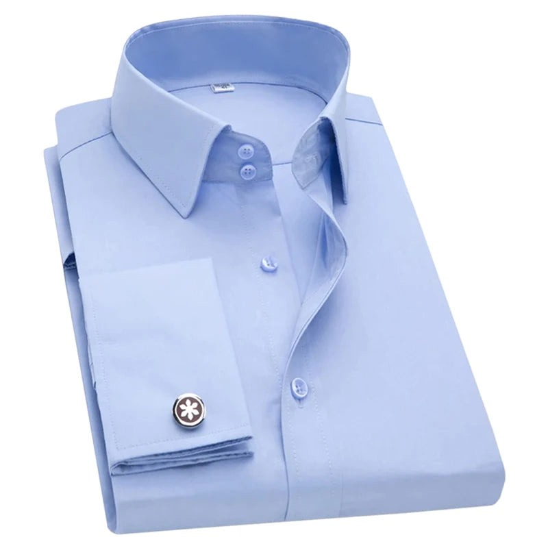 Men's Slim Fit French Cufflink Shirt Long Sleeves Double Cuff Solid Color High End Wedding Formal Dress Casual Men's Clothing
