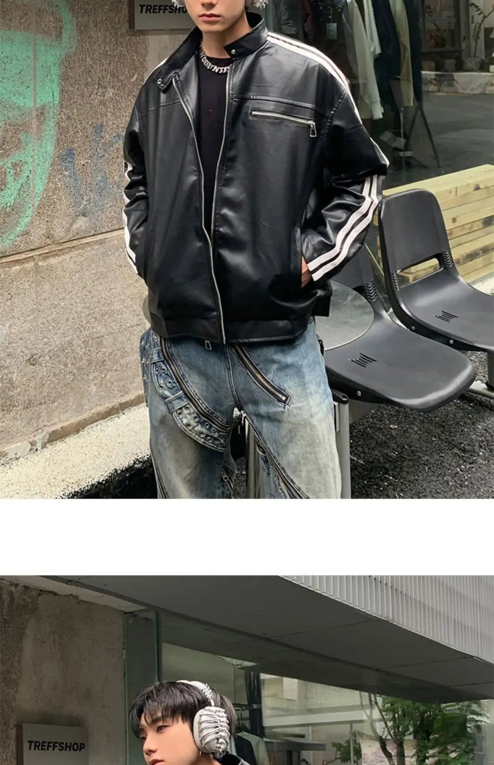 Youth Men's Biker Jacket Patchwork Stripes PU Leather Coat Stand Collar Zipper Long Sleeve Loose Fit Spring Autumn