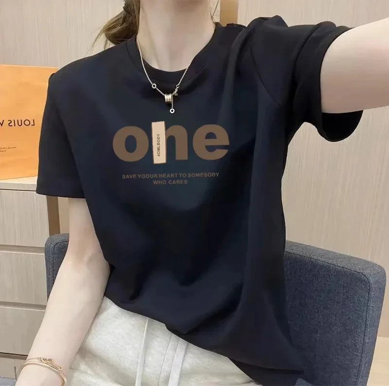 Women's Short Sleeve T-Shirt Pure Cotton Thin Summer Korean Style Loose Fit Shoulder round Neck Half Sleeve Ladies Top Versatile
