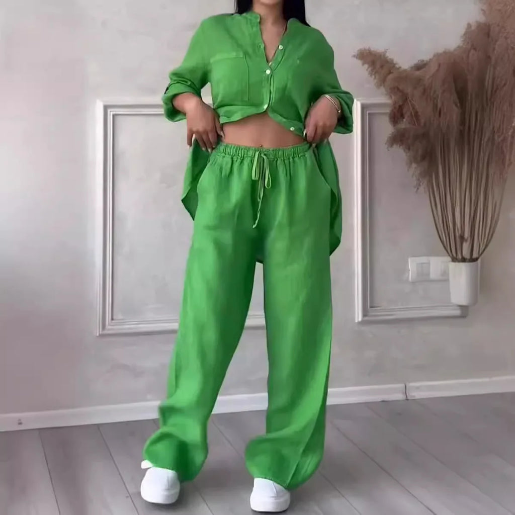 2026 New Europe USA Women's Comfortable Loose Top Wide Leg Pants Casual Cotton Linen Set