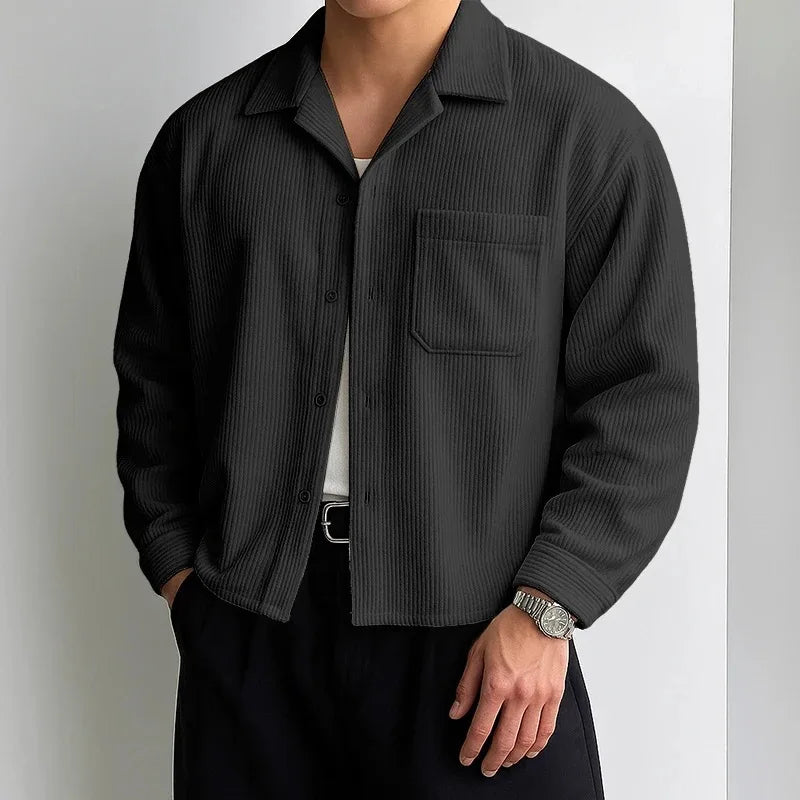 Autumn Men Corduroy Cropped Shirts Long Sleeve Solid Color Suit Collar Casual Blouse American Retro Premium Loose Cardigan Tops