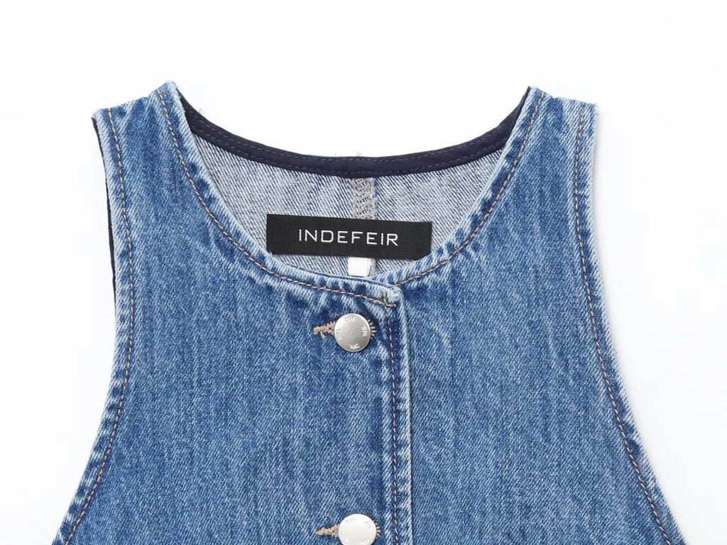 Women Denim Short Dress Round Neck Sleeveless Vest Style Single Breasted Design Solid Color Simple Daily Casual Versatile Dress