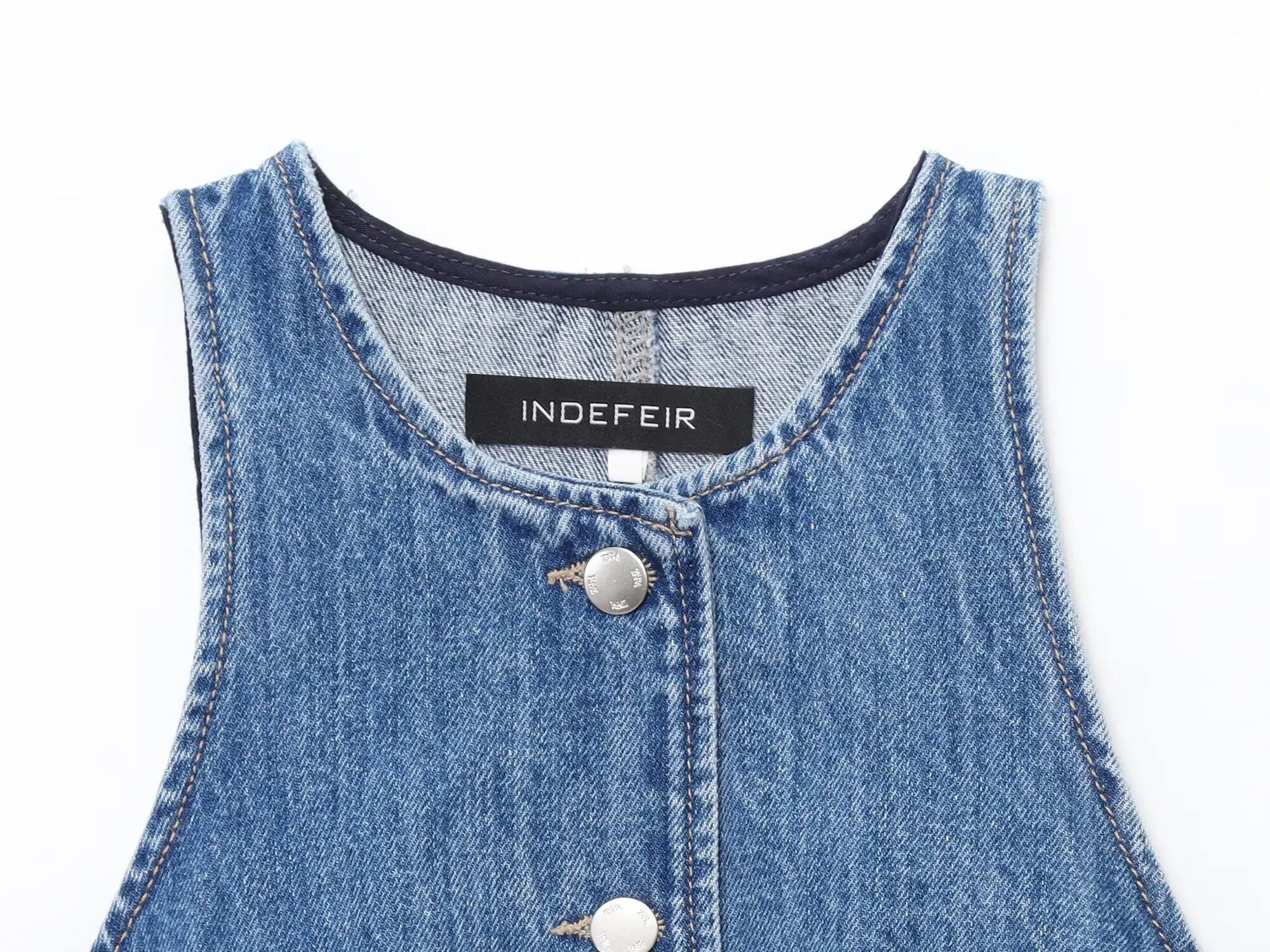 Women Denim Short Dress Round Neck Sleeveless Vest Style Single Breasted Design Solid Color Simple Daily Casual Versatile Dress