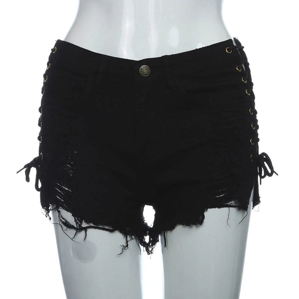 Sexy Women's Jeans Fashion Casual Side Lace-Up Denim Shorts Sexy Hot Denim Short pants Club dance Ripped short jeans