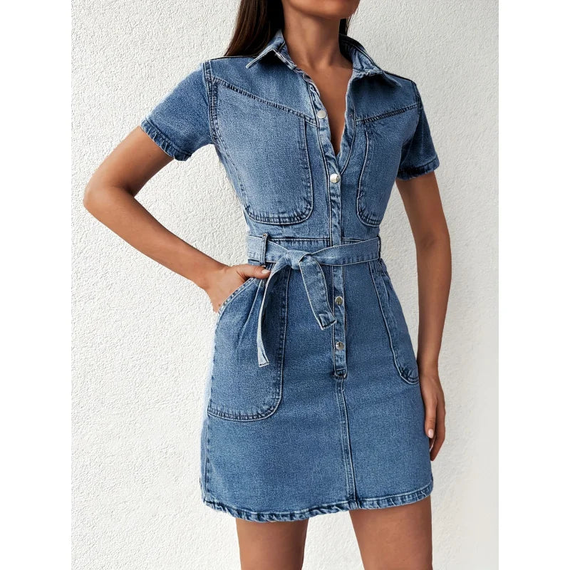 Spring Summer Women Denim Dress Short Sleeve Shirt Style Collared Waist Cute Mini Bodycon Casual Outfit