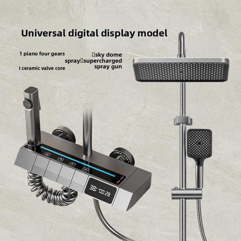 Luxury Shower System for Bathroom Wall Mount Smart Temperature Display Rainlfall Shower Faucet Set Piano Key 4 Ways Water Outlet