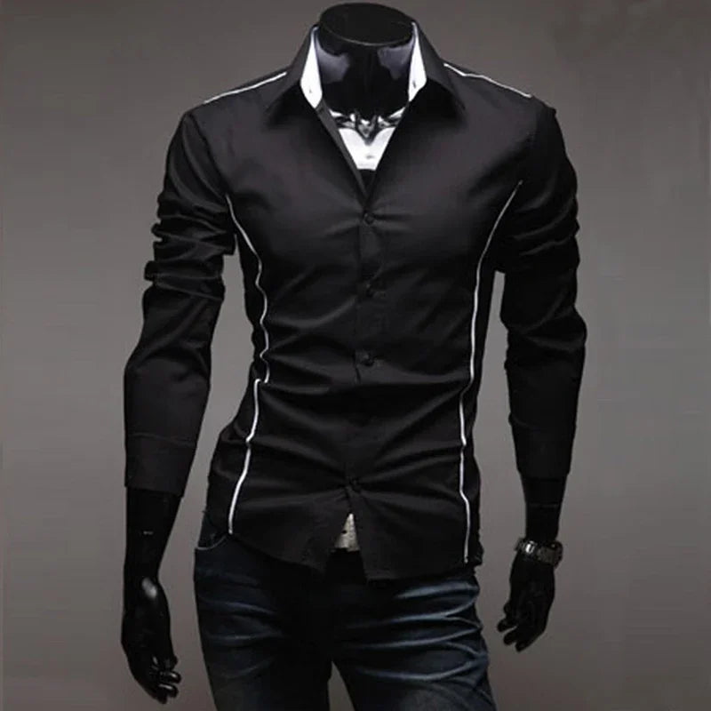 Mens Stripes Shirts Long Sleeved Slim White Social Shirts Casual Male Clothes Business Camisa Masculina Chemise Christmas Shirt