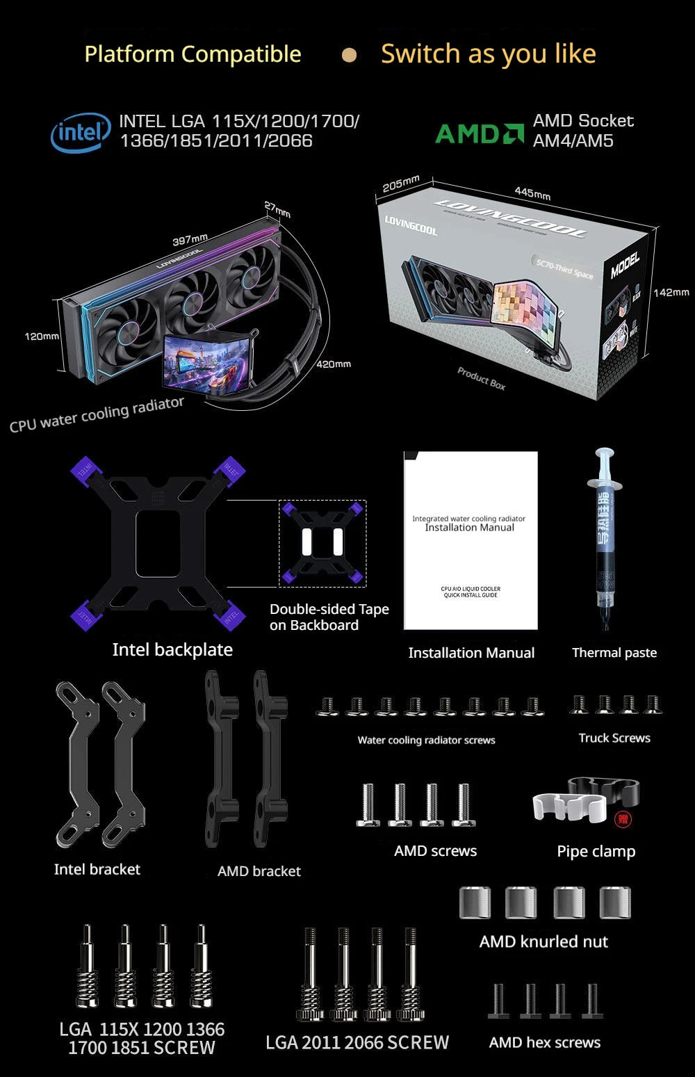 LOVINGCOOL SC70 360 ARGB CPU Liquid Cooler Radiator 6.67-Inch Naked-Eye 3D Super Large Frameless Curved Screen Water Cooler