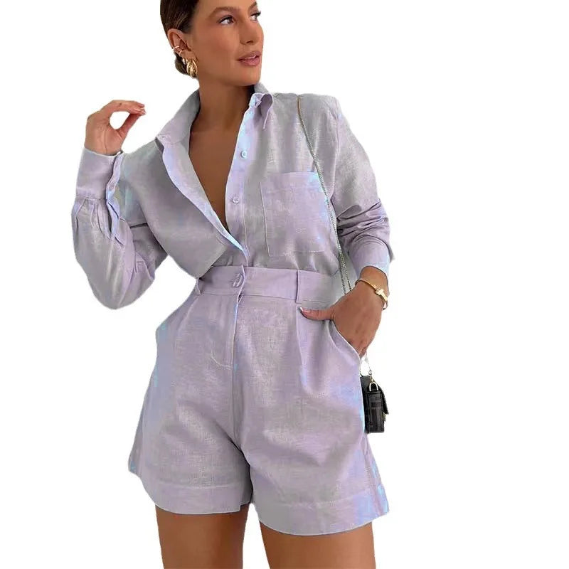 2026 New Women's Long Sleeve 2-Piece Set Casual Button Detail Shorts Outfit Shirt Top Summer Fashion Female Suit Y2k Clothing
