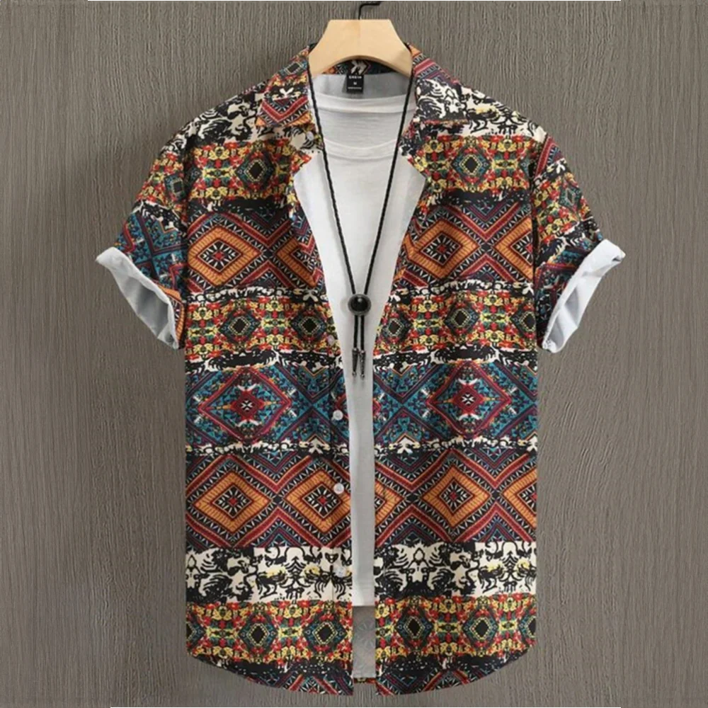 3D Printed Ethnic Men's Hawaiian Shirts Vintage Button Short Sleeve Lapel Retro Streetwear Hawaiian Blouse shirts for men Summer