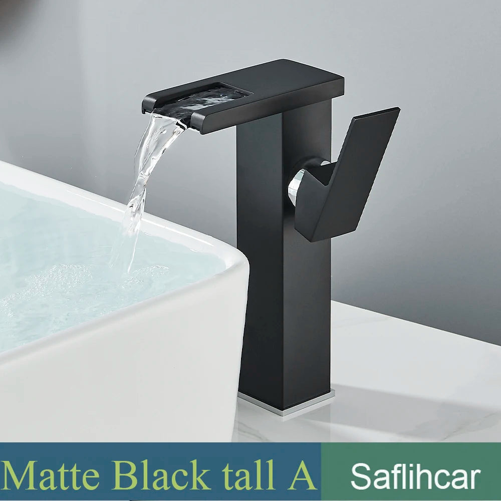 LED Black Basin Faucet Tall And Short Tap Bathroom Single Handle Cold and Hot Water Flow Produces Electricity