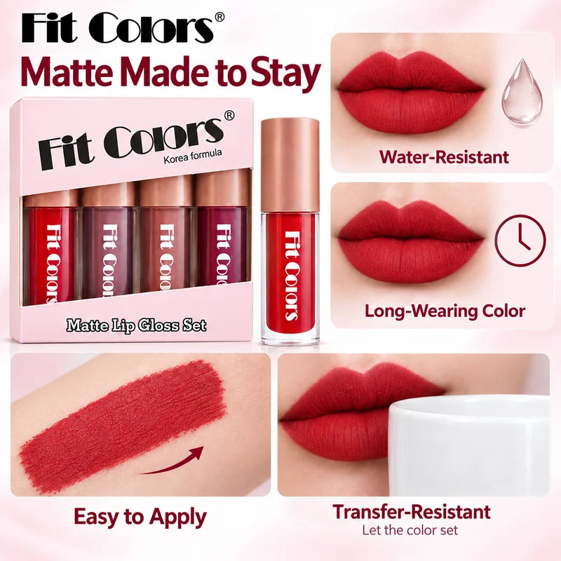 4 Color Lip Gloss Set for Women Matte Glossy Velvet or Metallic Glitter Liquid Lipstick Makeup Gift Kit for Daily and Party Wear