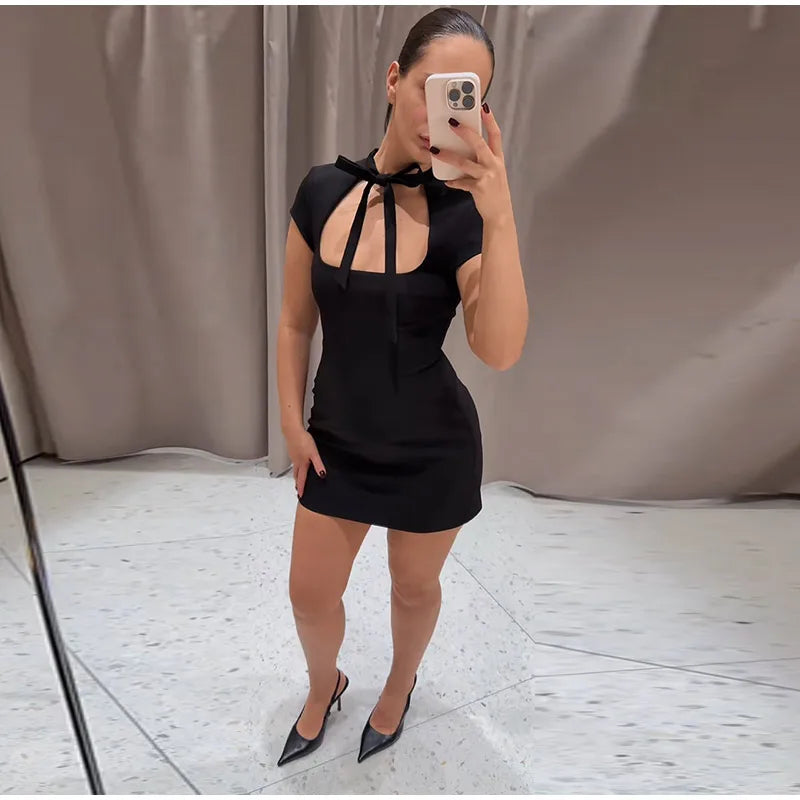 Fashion Lace Up Polka Dot Mini Dress Women Square Collar Short Sleeve Satin Party Dresses2026 Summer Lady Elegant Beach Robe New