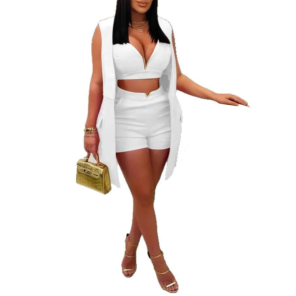 3 Pieces Set Sexy 2025 Summer Spring Fashion Women Set Female Tops Solid Sleeveless Blazers Tops And Shorts Suit Matching Outfit
