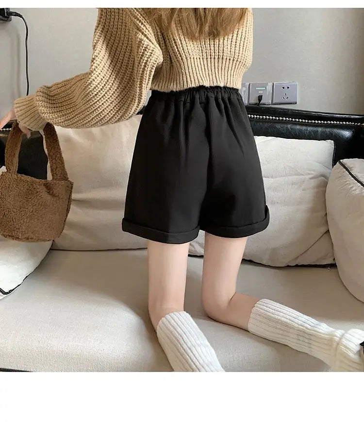 Women Office Lady Summer 2025 Solid Brown Thick High Waist Shorts Korean Style Wide Leg Boot Pants