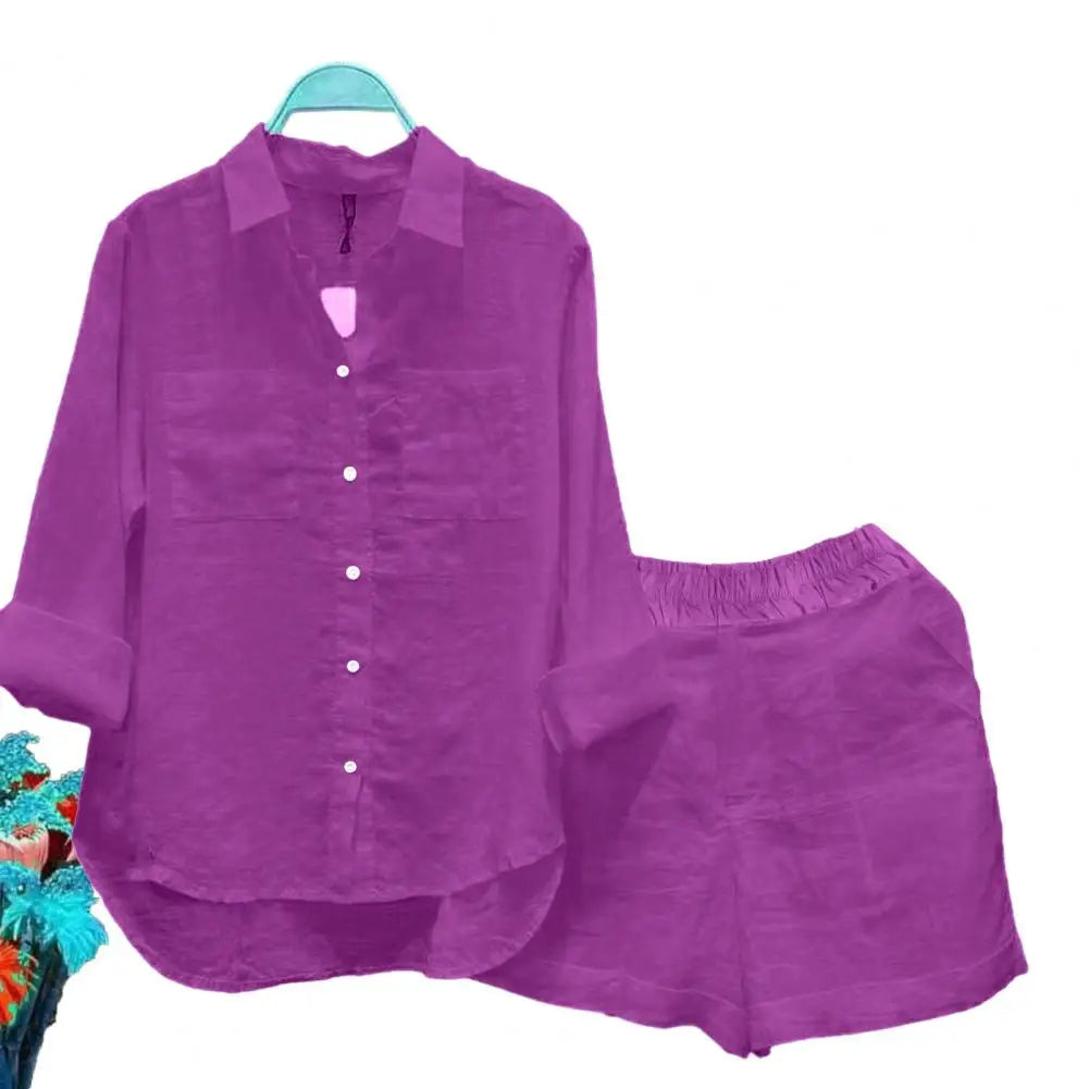 2 Pcs/Set Women Shirt Shorts Set Solid Color Loose Long Sleeves Elastic Waist Single-breasted Patch Pockets Irregular Hem Lapel