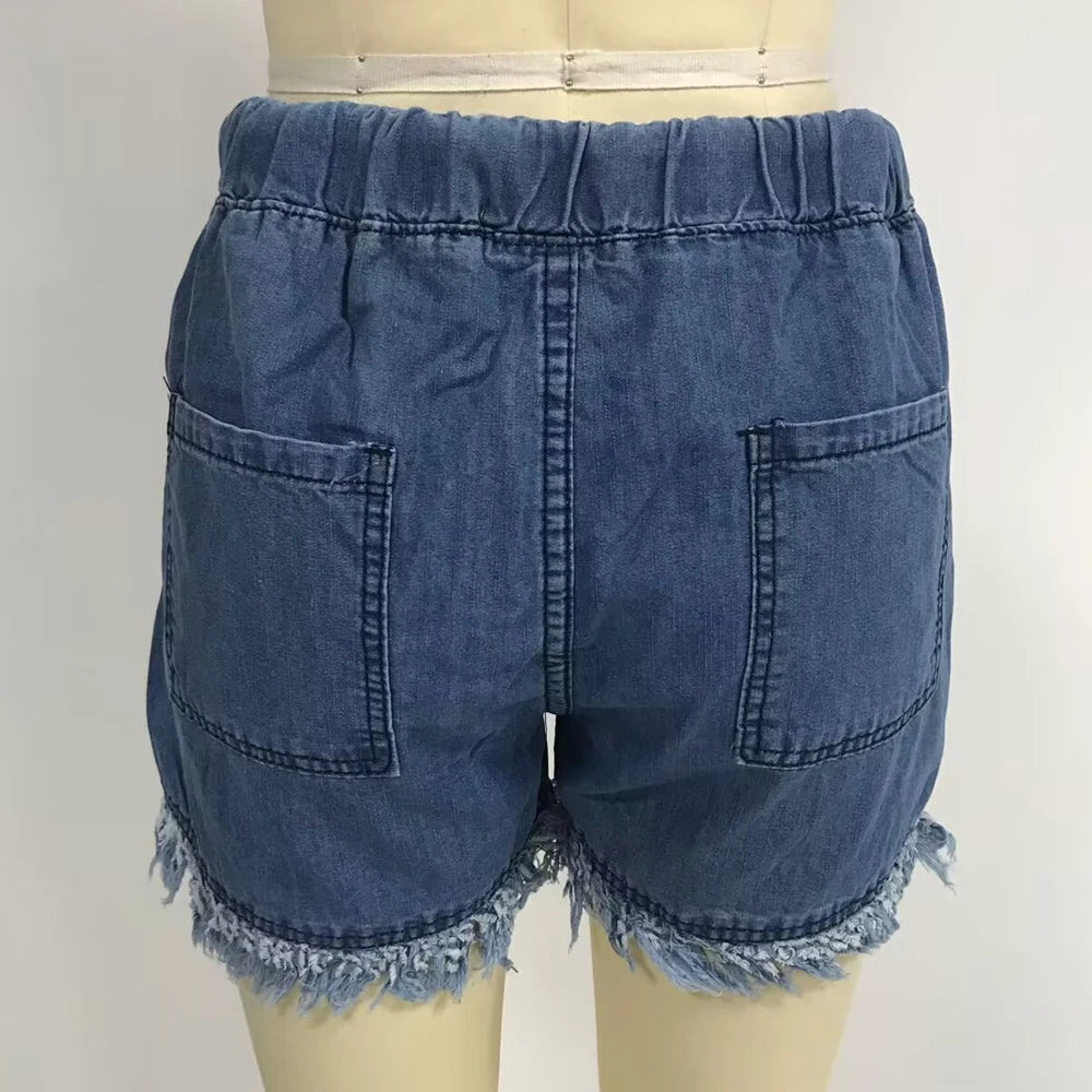 Women’s Denim Shorts Drawstring Elastic Waist Frayed Hem Short Pants Summer Casual Vintage Hottie Girls Loose Jeans with Pockets