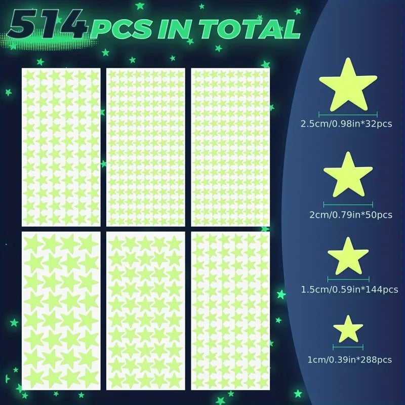 514pcs Glow in the Dark Star Stickers 3D Geometric Patterned Ceiling and Wall Decor for Kids Bedroom Halloween Home Decoration