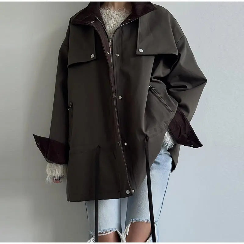 Lapel Women's Outerwear Waist Cinching Belted Jacket Drop Shoulder Cropped Cargo Trench Coat Meilaid Style Daily Fashion Wear