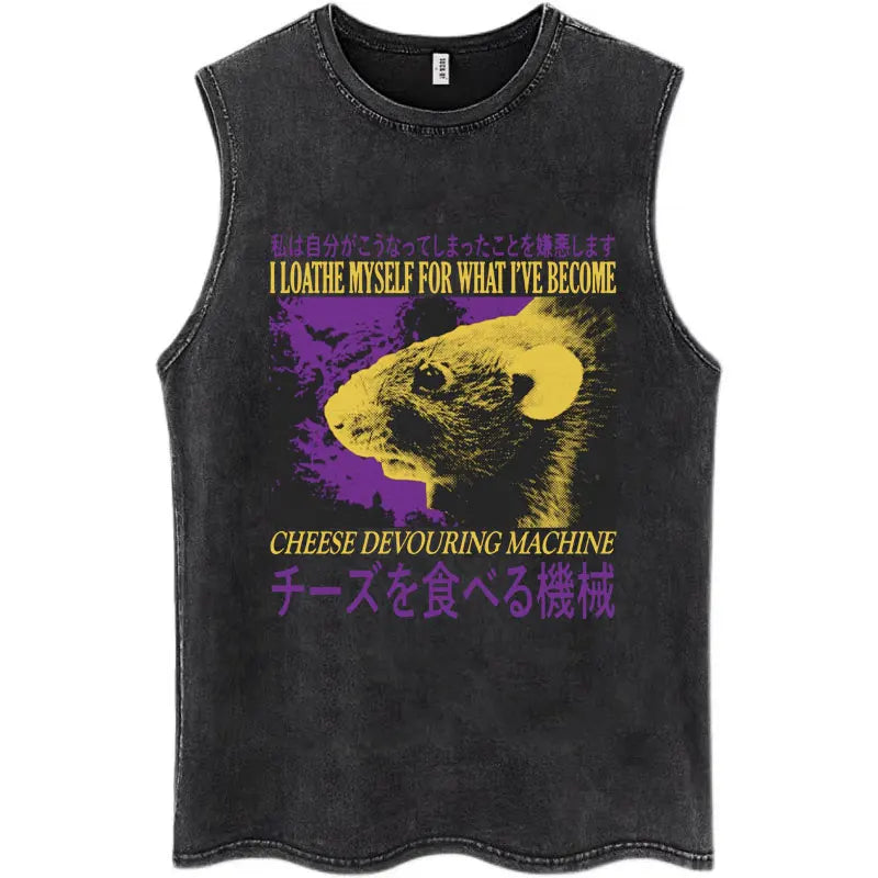Japan I Alone Pigeon Vintage Washed Tank Top Men Women Personality O-Neck T-Shirt Casual Cotton Oversized Sleeveless Streetwear
