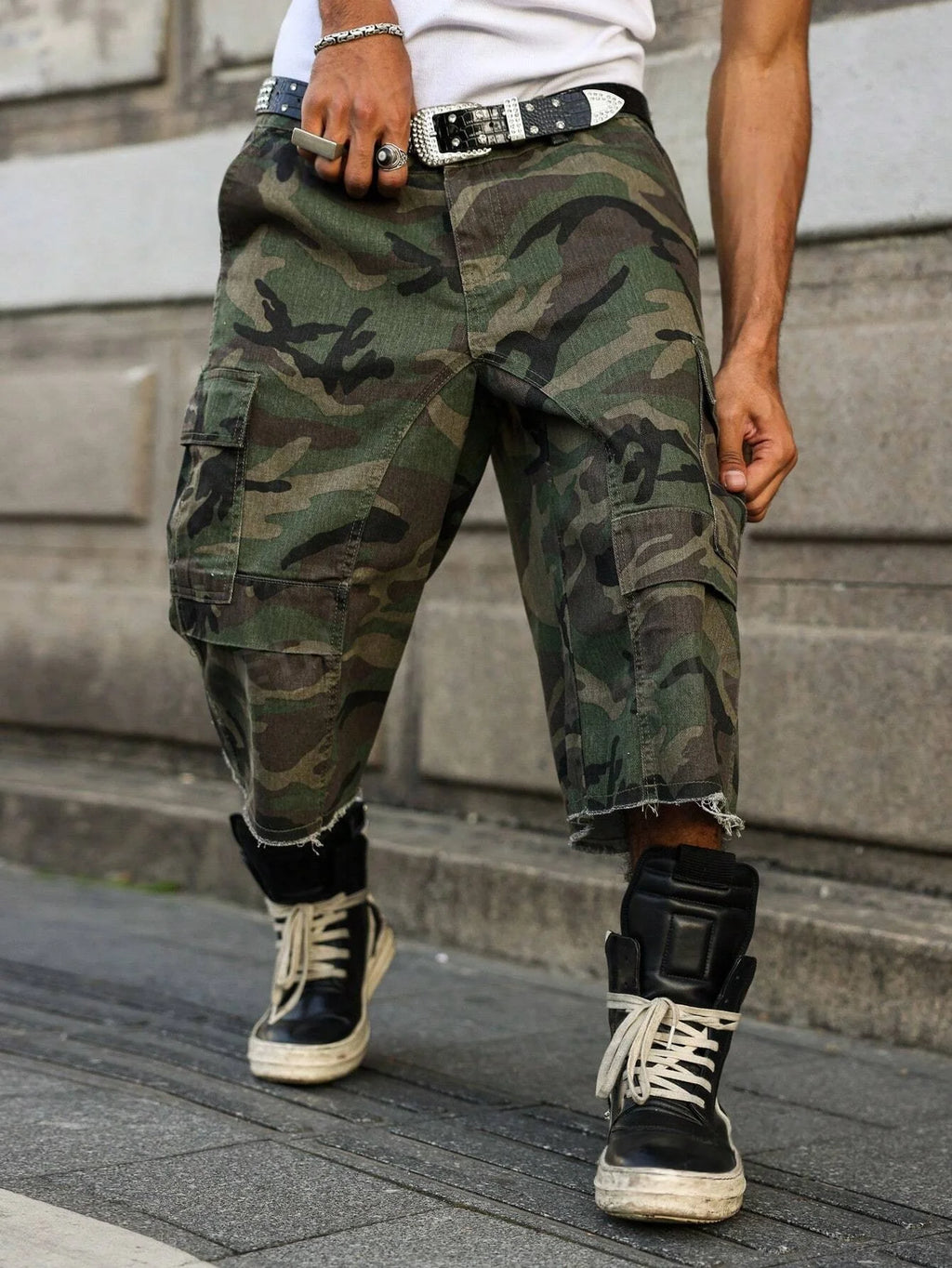 Plus Size Camouflage Denim Shorts for Men, Loose Multi-Pocket Knee-Length Style, Summer Streetwear Casual Cargo Shorts