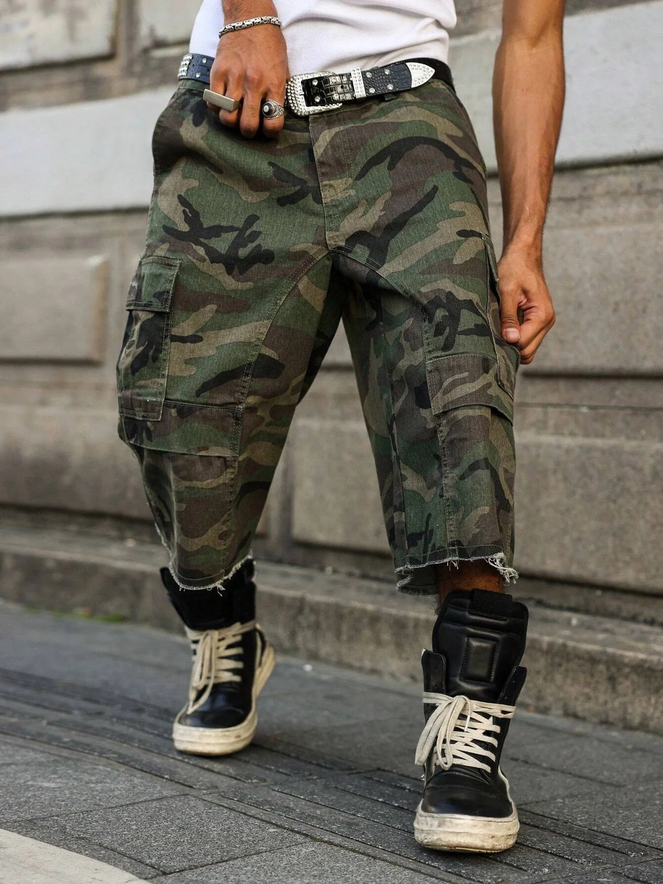 Plus Size Camouflage Denim Shorts for Men, Loose Multi-Pocket Knee-Length Style, Summer Streetwear Casual Cargo Shorts