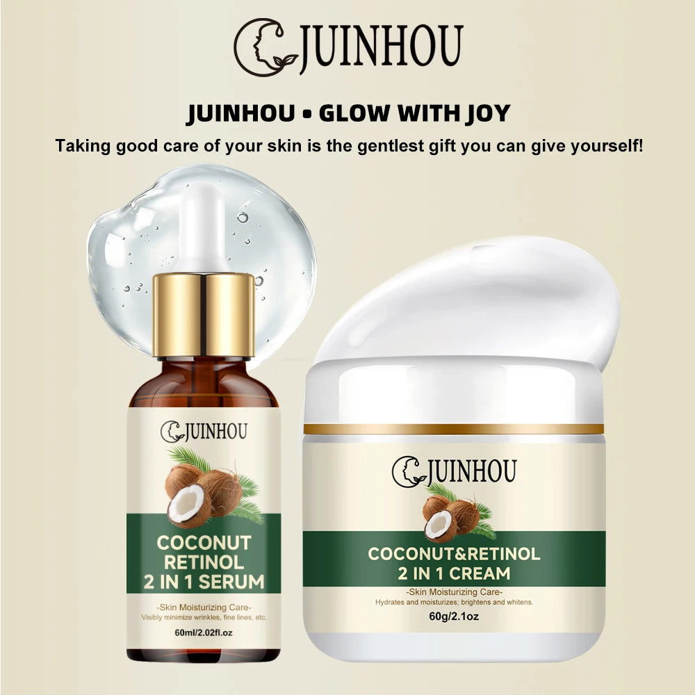 JUINHOU Coconut Oil Moisturizing Set Cream & Serum Controls Oil Hydrates Soothes Sun-Induced Redness Suitable For Daily Skincare