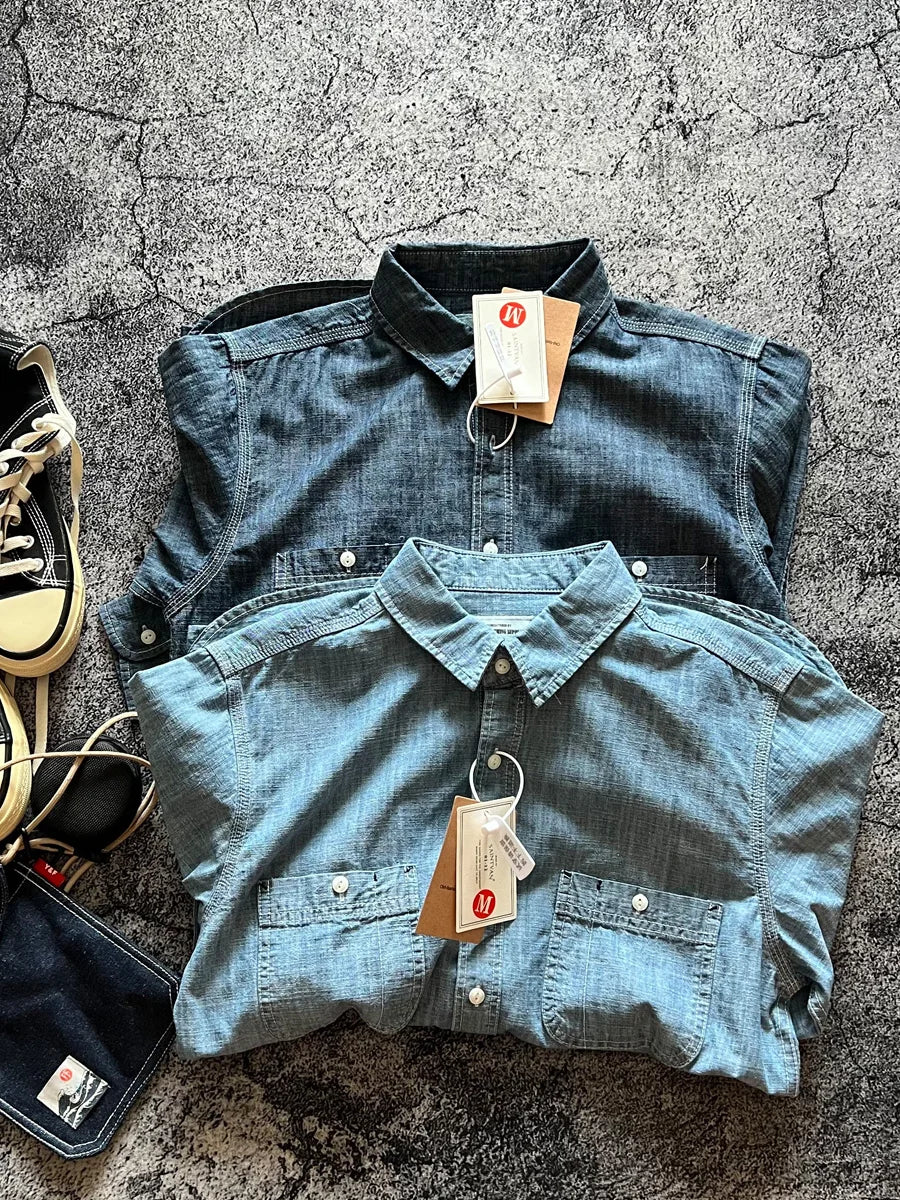 Japan Retro Bamboo Yarn Denim Casual Shirt Cool Hong Kong Style Long Sleeve Loose Spring Autumn 100% Cotton Washed Workwear Tops