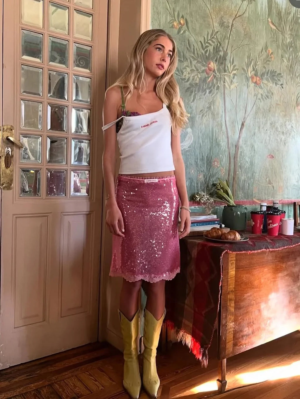 Sexy Pink Sequin Midi Skirt Women Ruched Lace Patchwork Elastic Waist Bodycon Pencil Skirts Lady Club Party Dating Glitter Wear