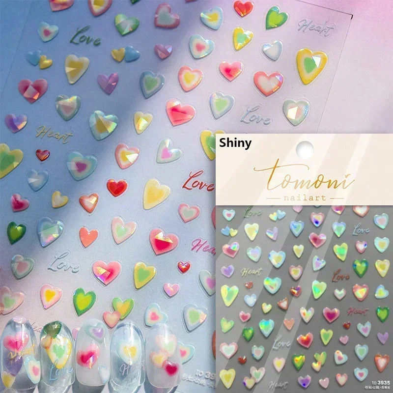 5D Gradient Love Gem Glitter Love Heart Colorful Cat's Eye Rhinestone Soft Self Adhesive Nail Art Stickers Shiny Manicure Decals