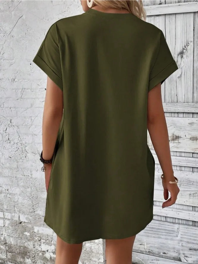 New women's spring and summer fashionable temperament casual commuting solid color round neck loose short sleeved pocket dress