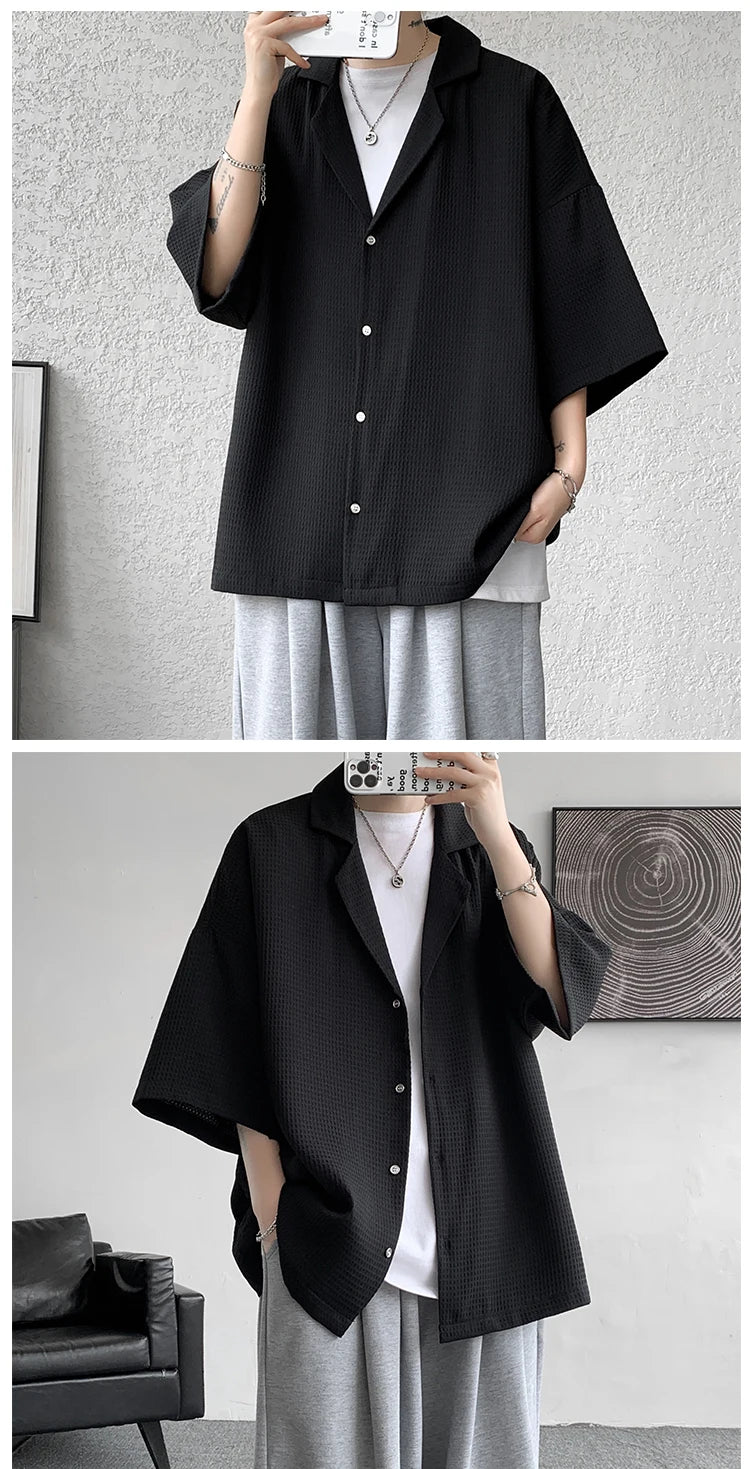 LEGIBLE Spring Summer Solid Shirts Men Casual Oversized Three Quarter Shirts Male Loose Fit Shirt for Man