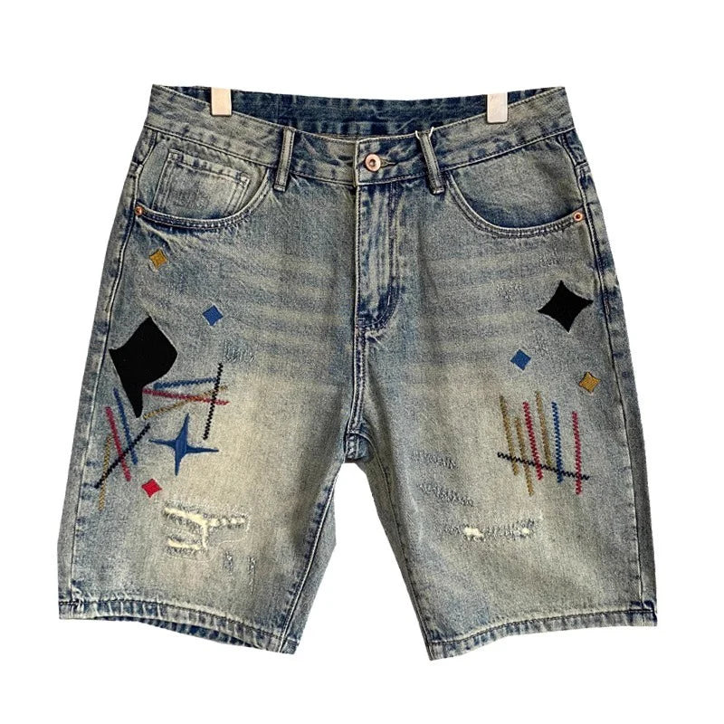 Summer Men American High Street Denim Short Pants Male Lightweight Straight Leg Casual Jeans Fashion Vintage Embroidered Shorts