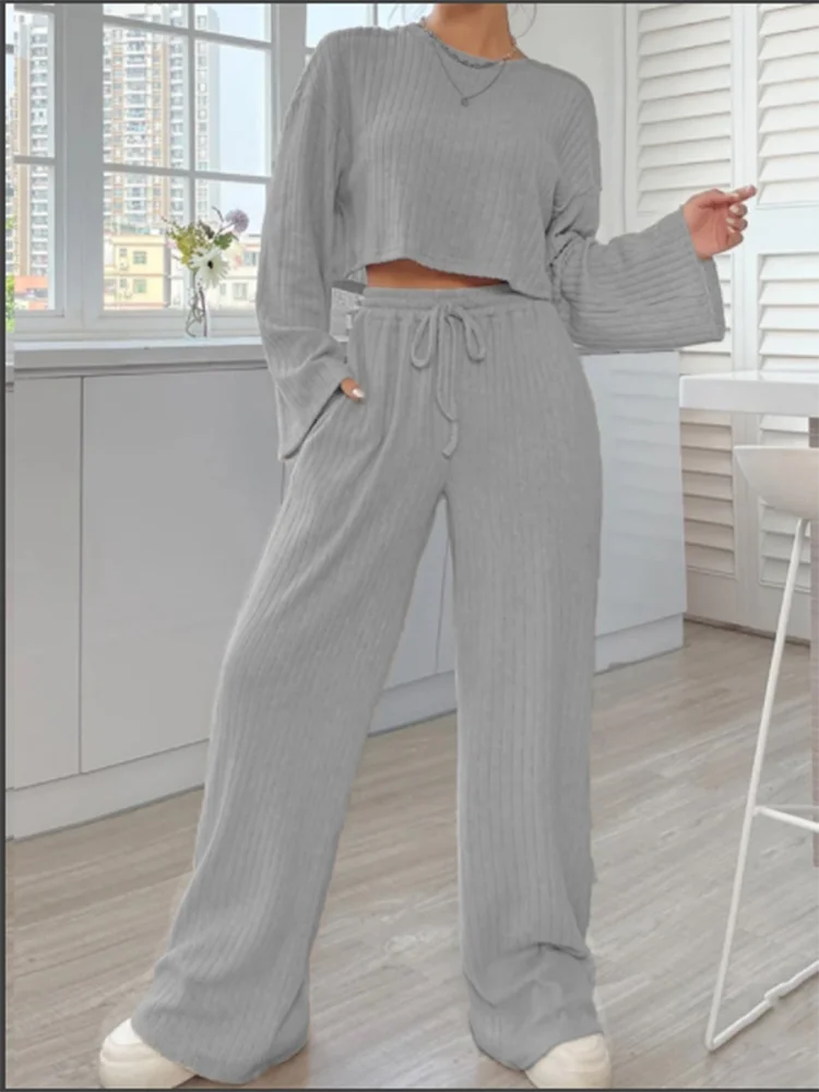Casual Grey Long Sleeve Round Neck Suit Women's Solid Color Loose Top Trousers Autumn Sports Fashion 2 Piece Sets Women Outfit