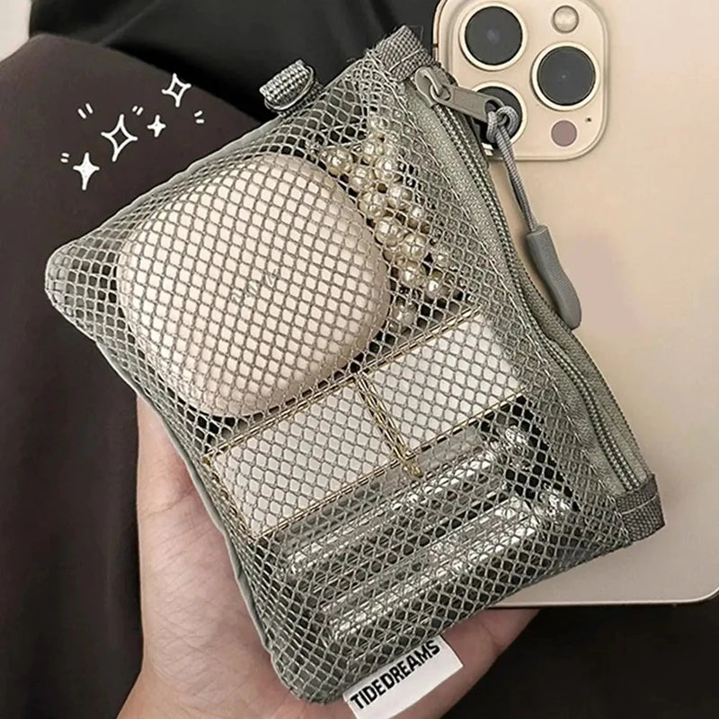 Dual-Layer Mesh Storage Bags Portable Travel Makeup Bag with Zipper Mini Toiletries Cosmetics Organizer Simple Stationery Bag