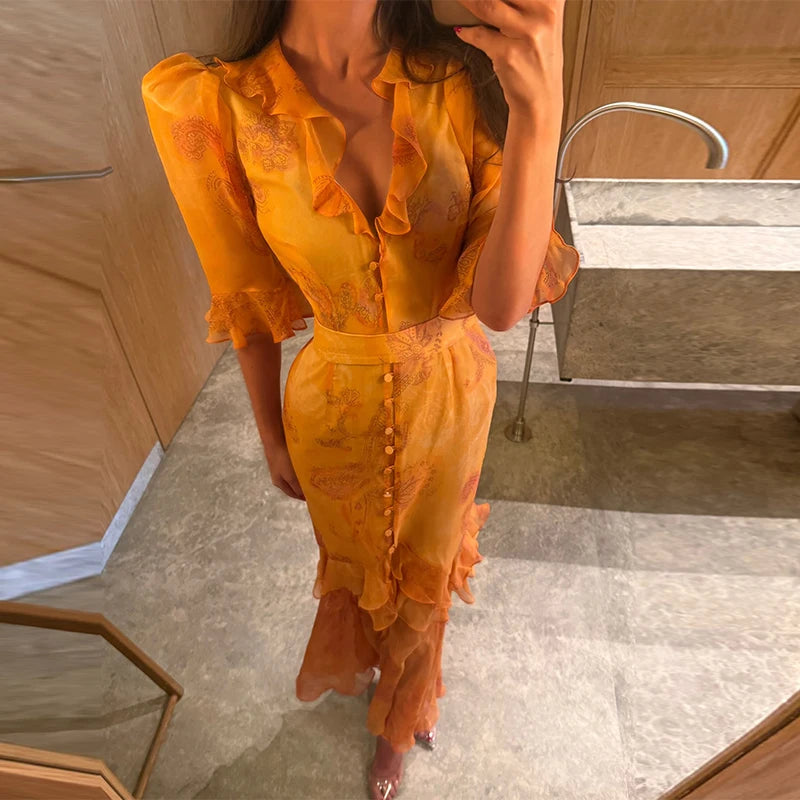 Sexy Print Women Long Dress Urban V-neck Single Breasted Ruffles Half Sleeve Female Dresses 2026 Spring Autumn Lady Robe