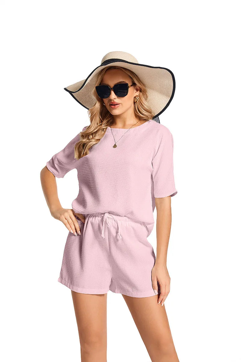 2024 New Two Piece Set For Women Short Sleeve Foreign Style Bat T Shirt Fashion Solid Color Shorts 2 Piece Sets Women Outfits