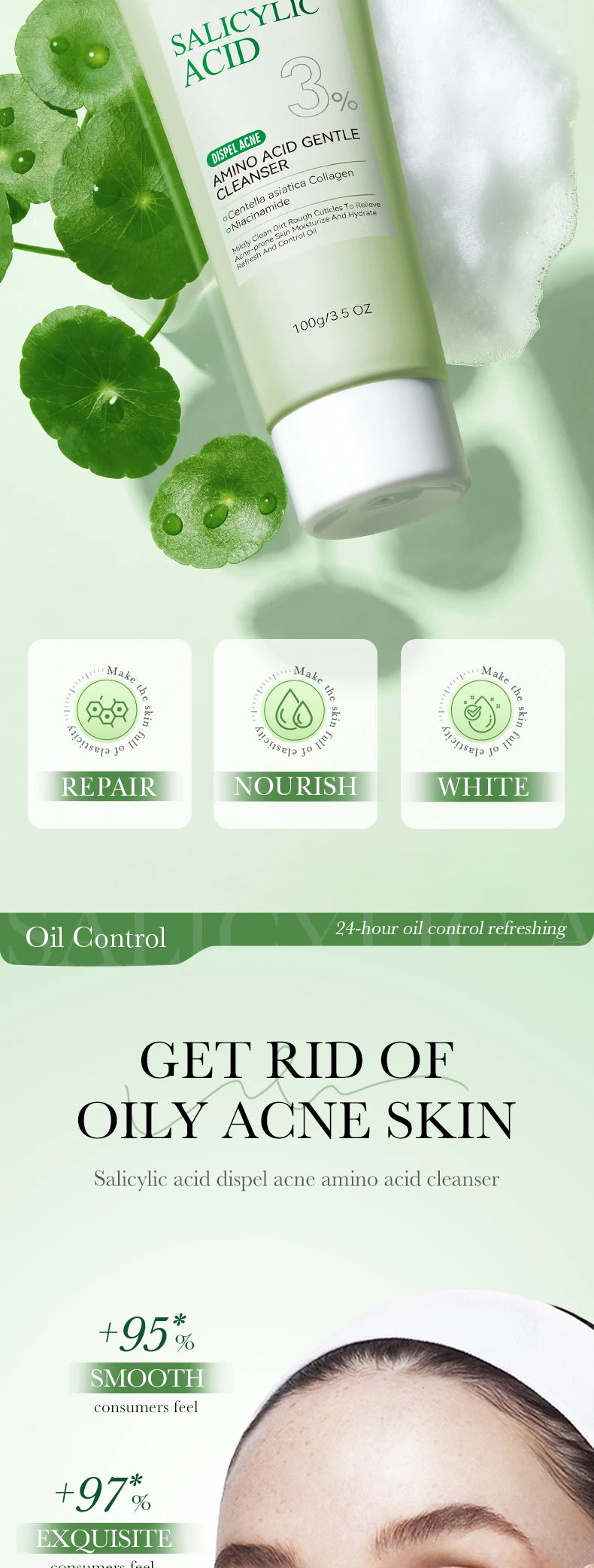 Salicylic Acid Face Wash – Oil Control Deep Cleansing Foaming Cleanser for Oily Acne-Prone Skin, Gentle Amino Acid Formula