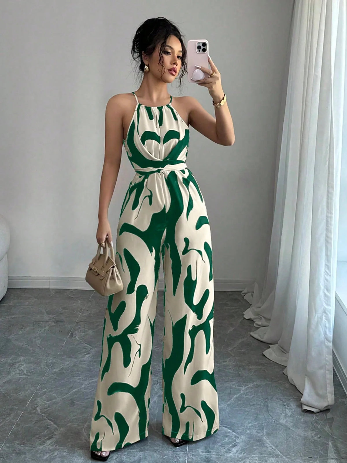 Women's Sexy Halter Neck Jumpsuits Casual Pants Rompers for Women Geometric Print Jumpsuit Party Outfits for Women Ropa Mujer