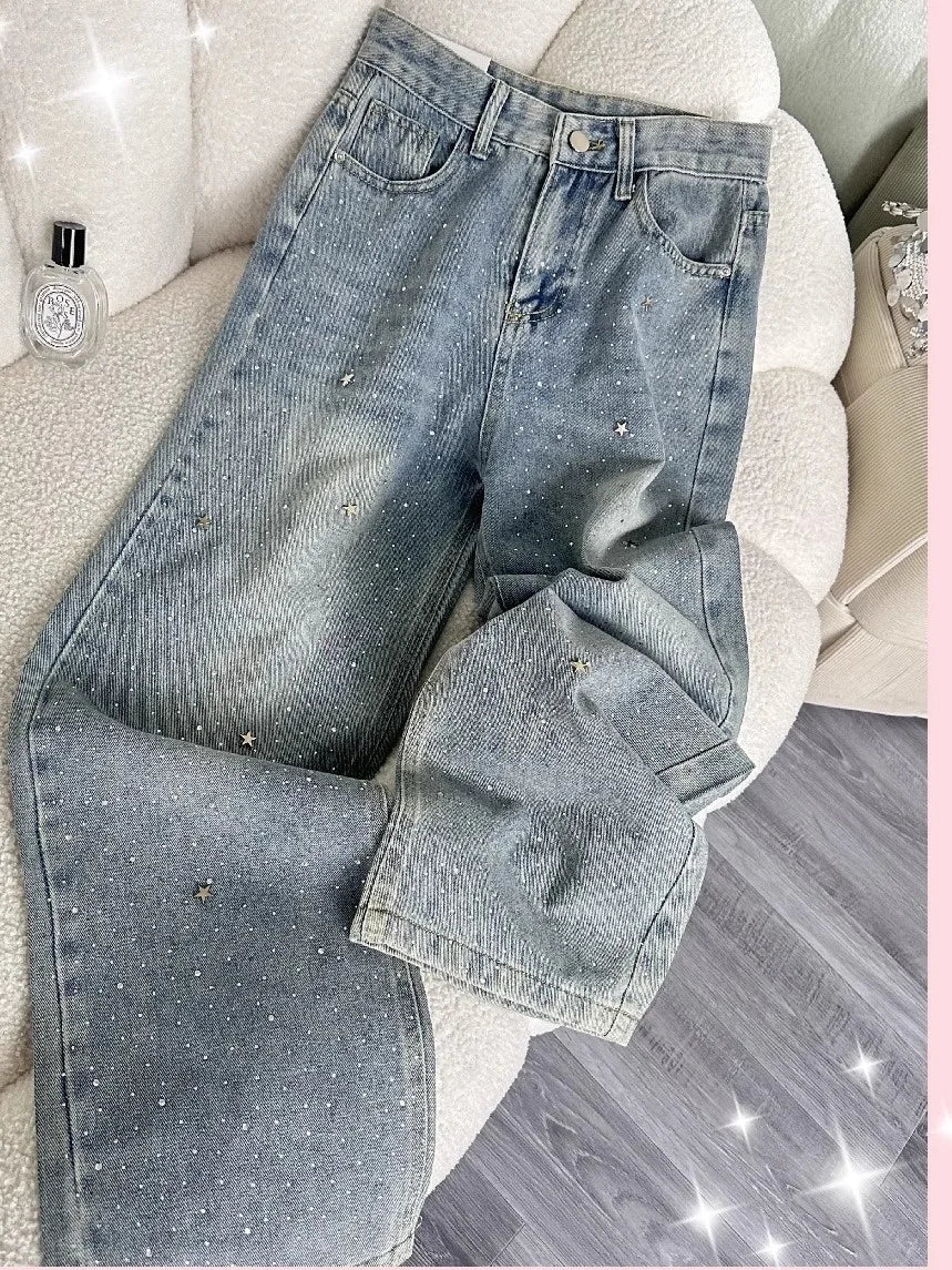 High Waist Shiny Sequin Star Design Casual Wide Leg Jeans Women's Light Blue Slimming Slim Fit Denim Pants Fashionable Versatile