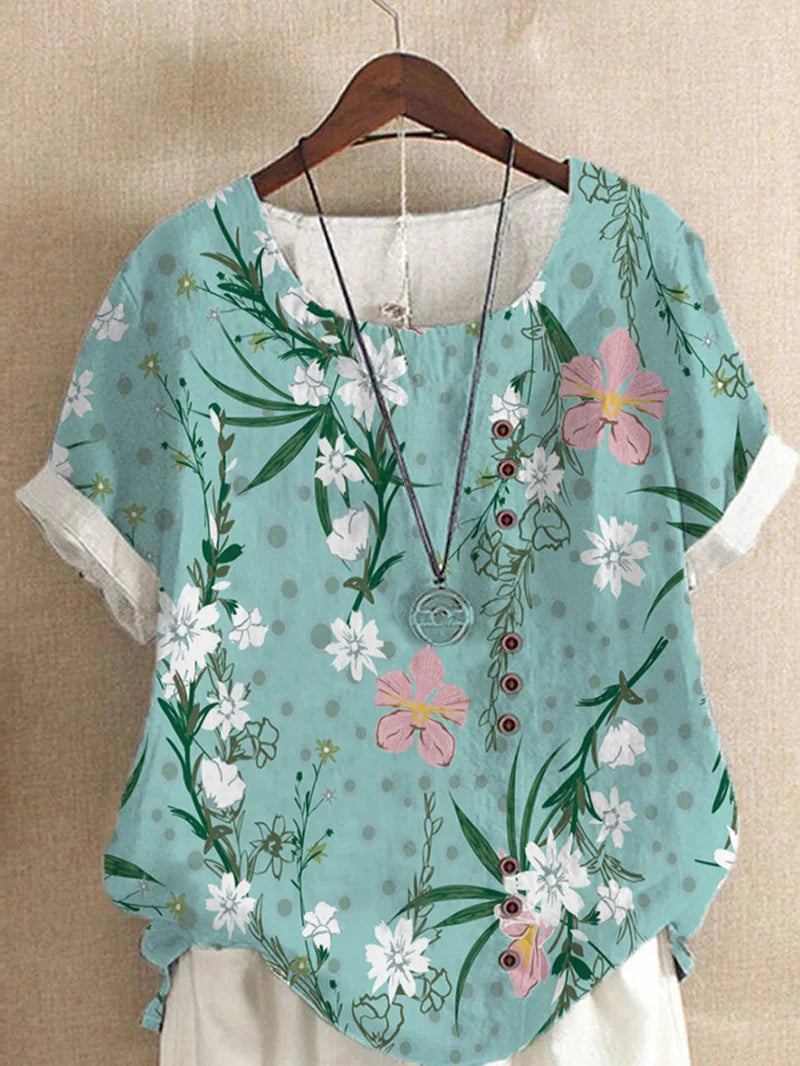 2025 Summer retro fashion printed loose casual shirt top, suitable for casual or vacation ladies' beachwear