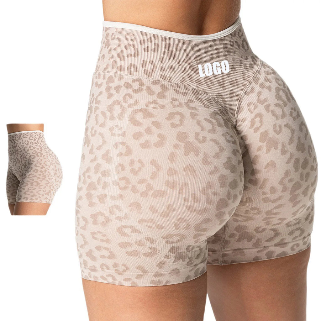 Custom LOGO women's hot-selling in high waist belly leopard print  colors seamless yoga hip lift tight running sports shorts