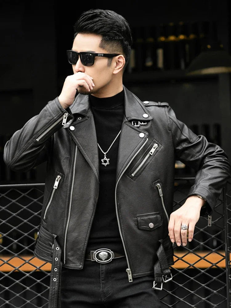 Cool Black Leather Biker Jacket Men Zipper Long Sleeve Belt Plus Size European Fashion brand leather jackets Spring Autumn Short