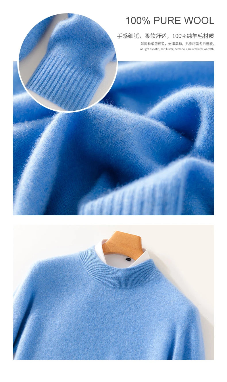 Autumn and Winter Half-high Neck 100% Pure Wool Men's Long Sleeve Leisure Sweater Knitwear