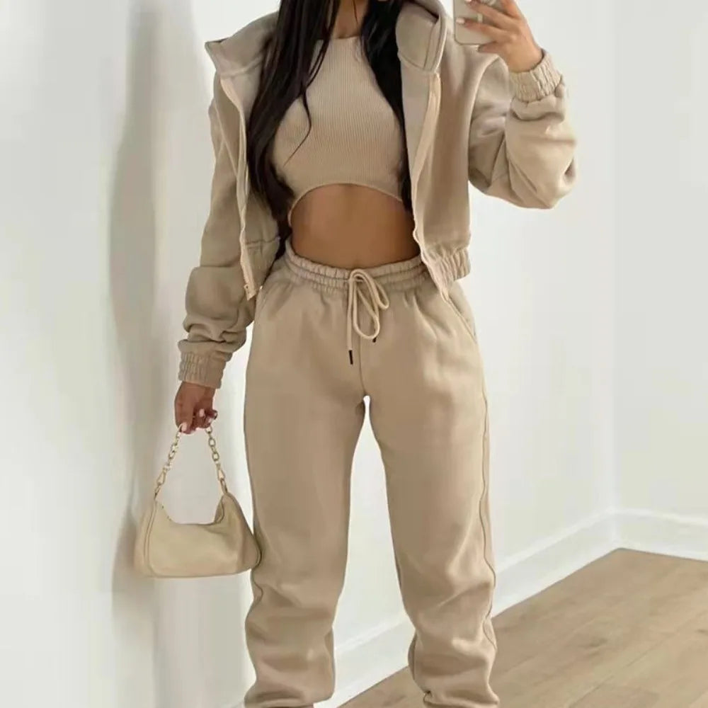 Women's Winter Hoodie Sweatshirt Casual Winter Outfit Three-piece Set Long Trousers for Cold Weather, Travel and Home Comfort