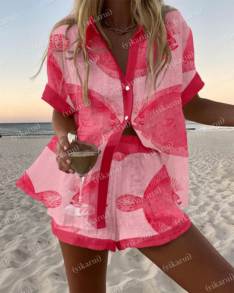 Summer Fashion Colorful Printed Blouse Shorts Two Pieces Sets Women Lapel Short Sleeve Button Shirt Suit Beach Holiday Outfits