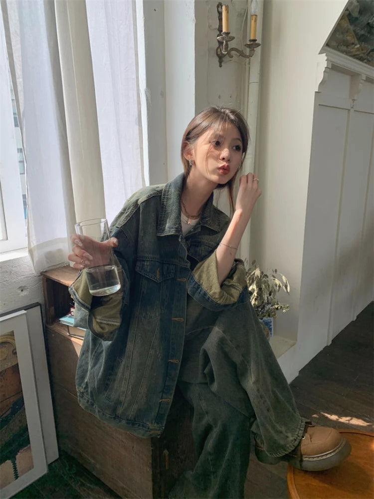 Vintage Washed Denim For Women Loose Fit Street Style Casual Biker With Retro Spring Autumn Layering Outerwear
