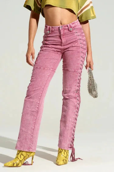 Europe America New Fashionable Women's Straight-leg High-waisted Jeans, Featuring Lace-up Straps and Drawstrings for Hot Girls