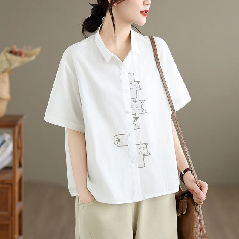 White Oversized Casual Short Sleeve Embroidered Shirt Loose Fit Versatile Slimming Style Women's Cotton Shirt Summer 2026