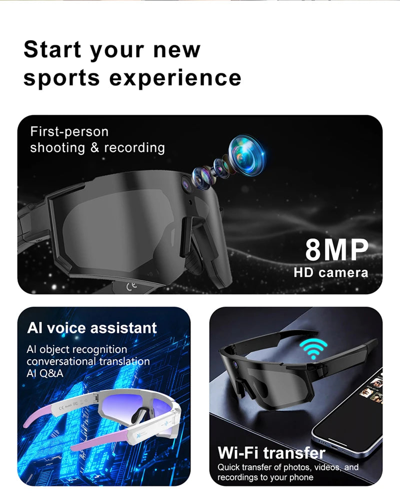 Cycling Smart Camera Glasses 800MP Photochromic Smart Glasses Bluetooth Calling Photo Video ChatGPT Music Translation